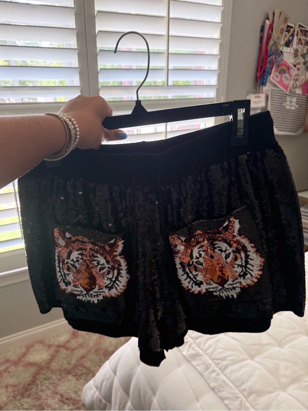 QUEEN OF SPARKLES Black Sequin Shorts with Tiger Patch Pockets